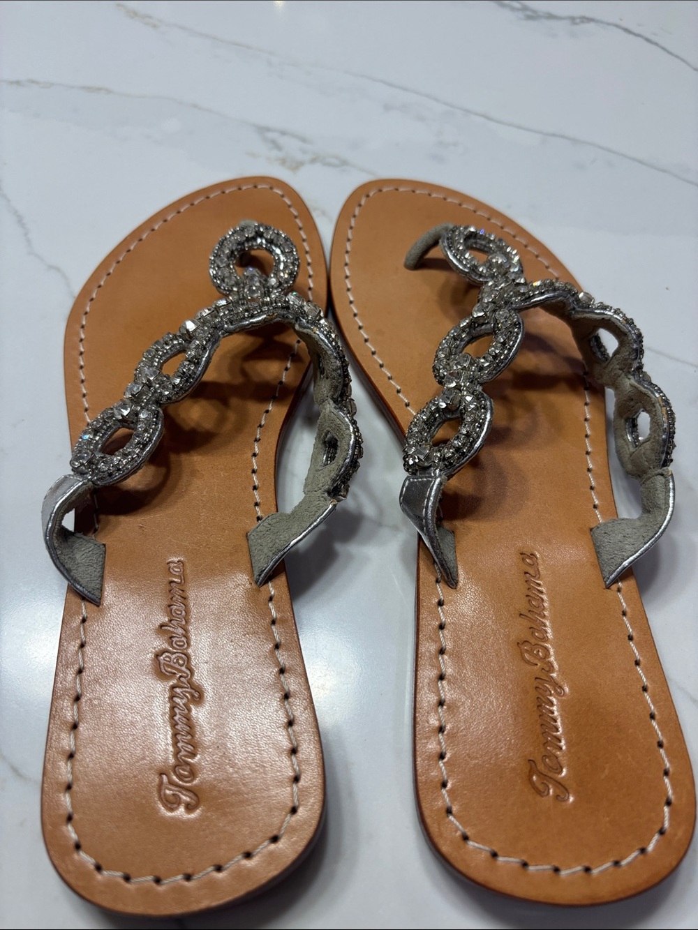 Tommy Bahama Silver Beaded T-Strap Sandals with Brown Footbed - Picture 9 of 12